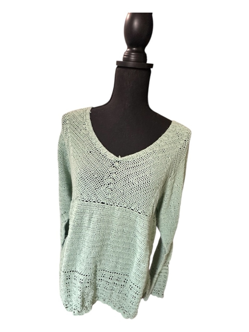 Modern Soul Mint Green Linen V-Neck Open Knit Sweater